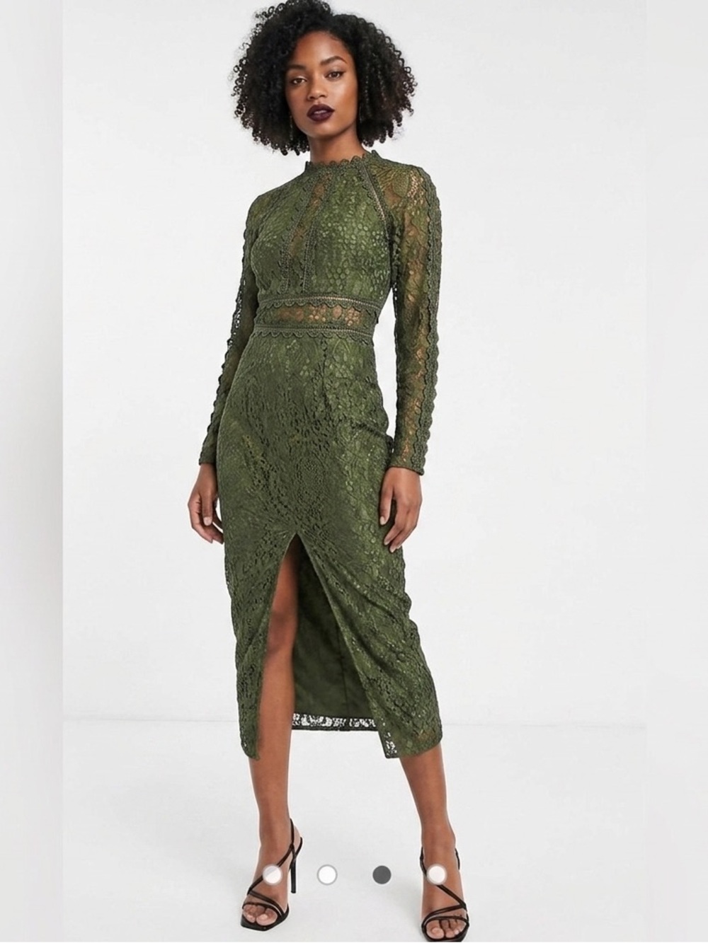 ASOS Olive Green Long Sleeve Lace Midi Dress